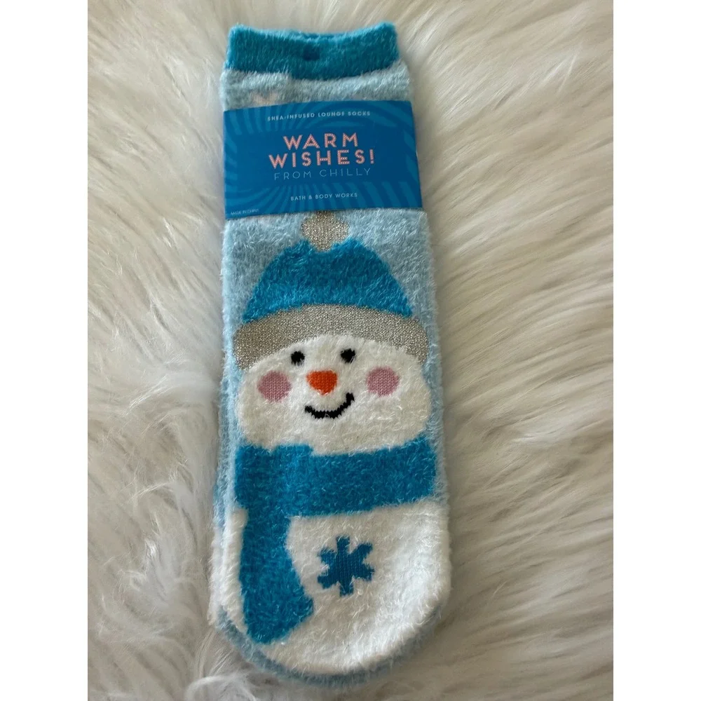 Bath & Body Works Snowman Shea Infused Lounge Socks Blue White Non-Skid New